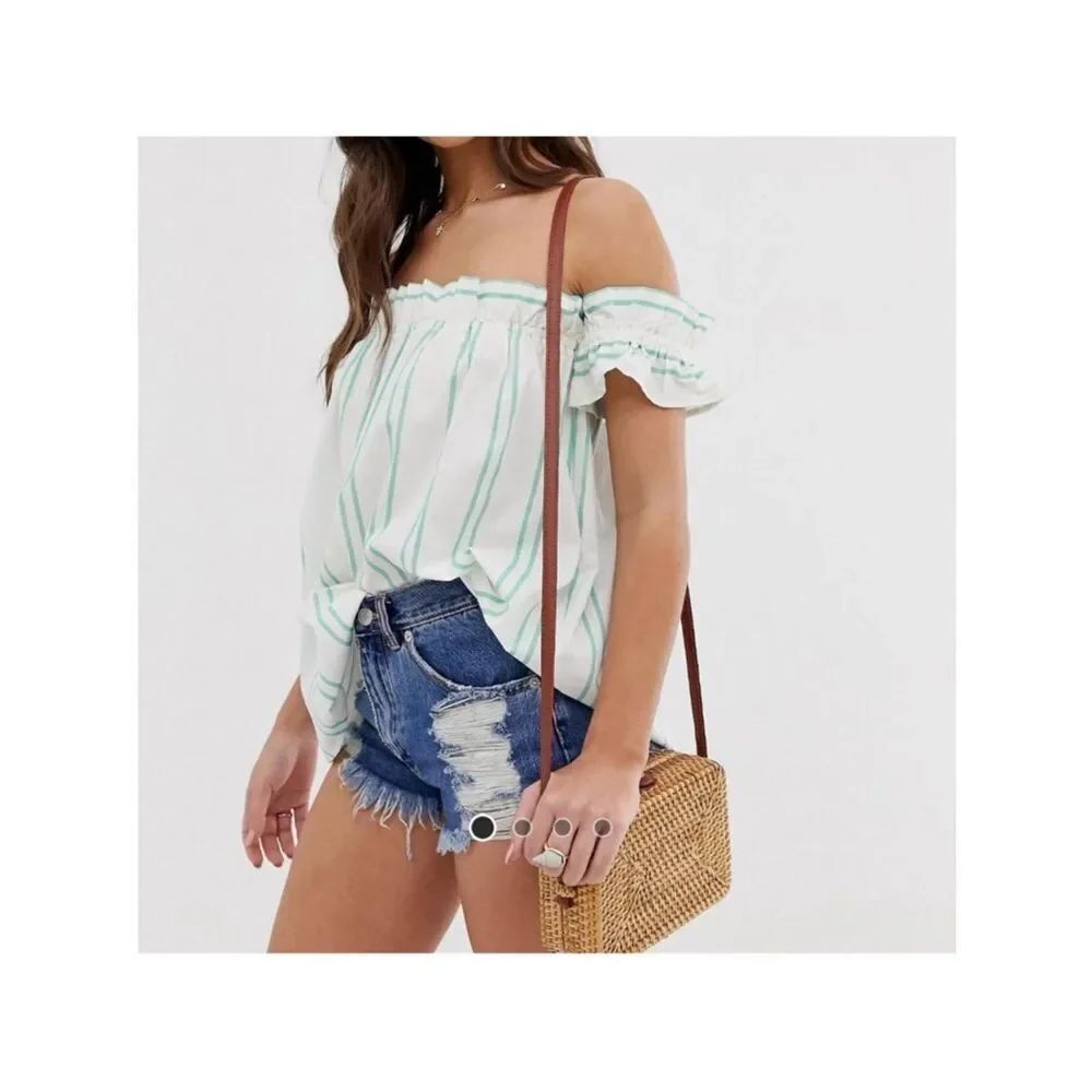 ASOS White Off-Shoulder Top with Mint Green Stripes